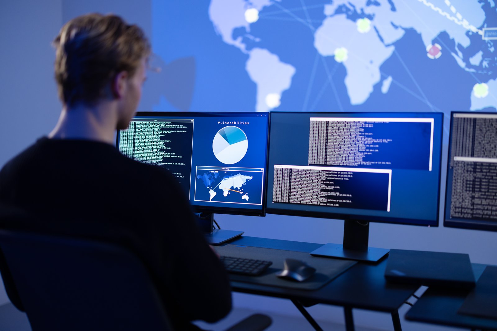 Operatore di un SOC monitora gli eventi su piu schermi: sicurezza gestita per le PMI